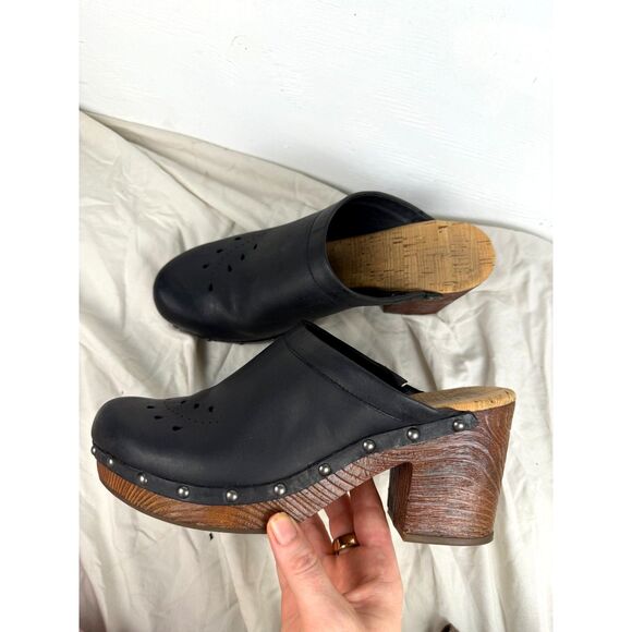 Kork-Ease Sudbury Leather Clogs Black Size 11 Studded Wood Heel Slip-On Shoes - Picture 1 of 15